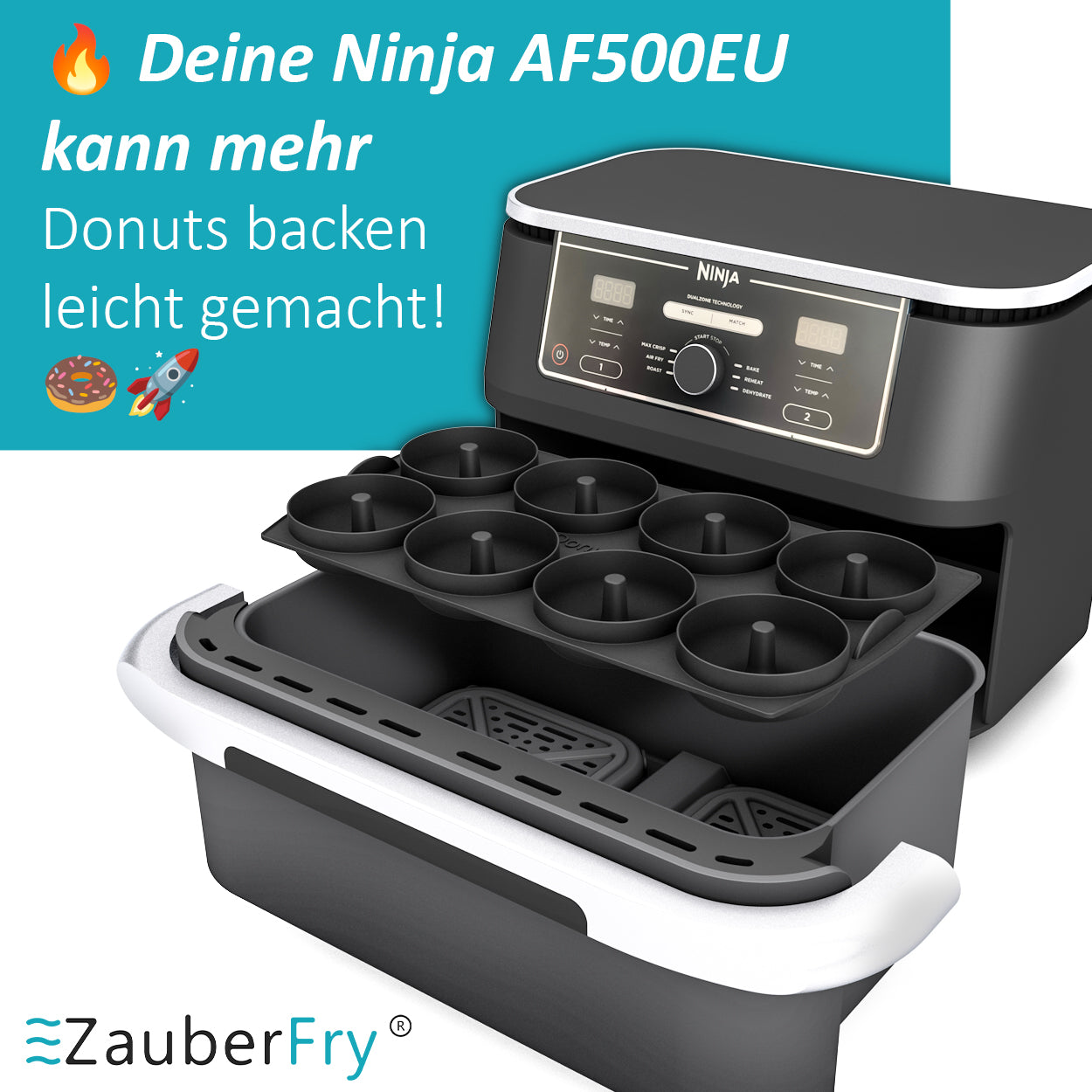 ZauberFry Donuteinsatz - Das Original, kompatibel mit Ninja AF500DE, AF500EU Heißluftfritteuse, 8 Donuts, Muffin, Kuchen, Backform, Zubehör
