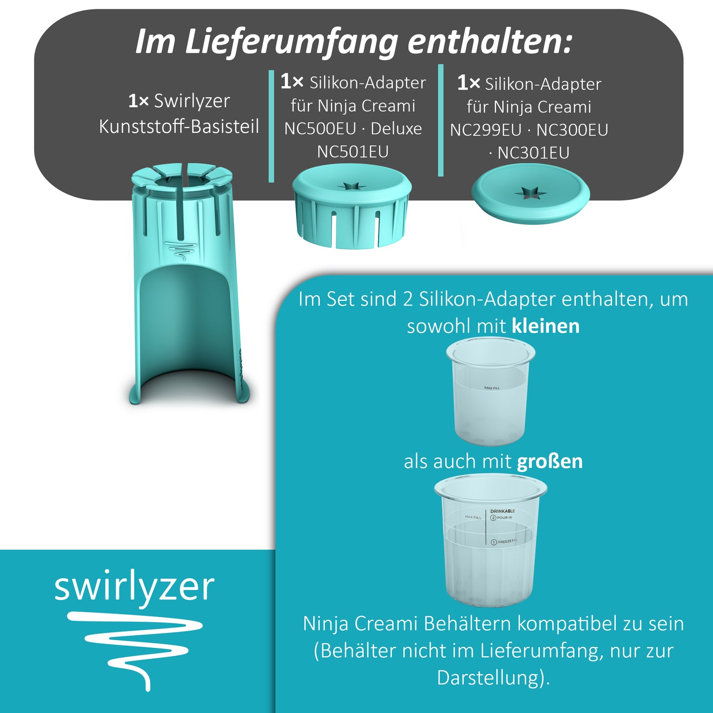 VORBESTELLUNG! AUFGRUND STARKER NACHFRAGE! VERSAND AM 26.09.2025 Swirlyzer® Softeis Maker für Ninja Creami NC299EU NC300EU NC301EU, NC500EU, Deluxe NC501EU | zum Patent angemeldete Innovation | Einfacher Softeis-Spender für Zuhause | BPA Frei | Zubehör