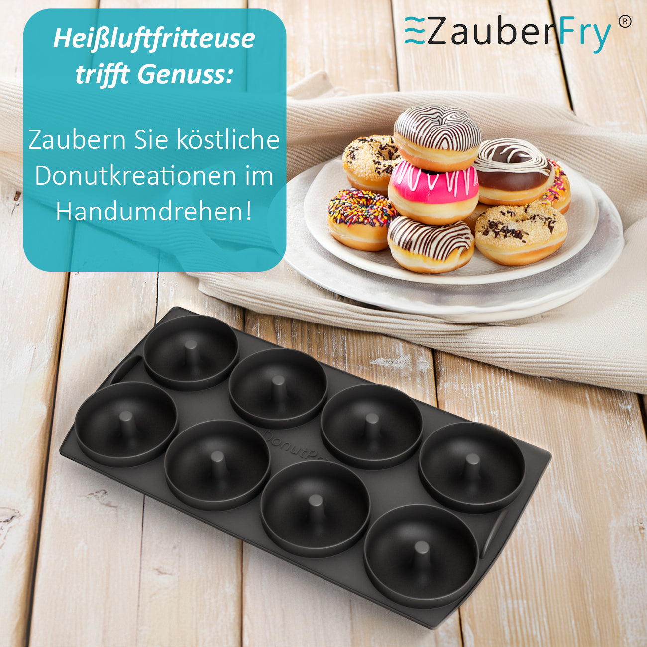 ZauberFry Donuteinsatz - Das Original, kompatibel mit Ninja AF500DE, AF500EU Heißluftfritteuse, 8 Donuts, Muffin, Kuchen, Backform, Zubehör