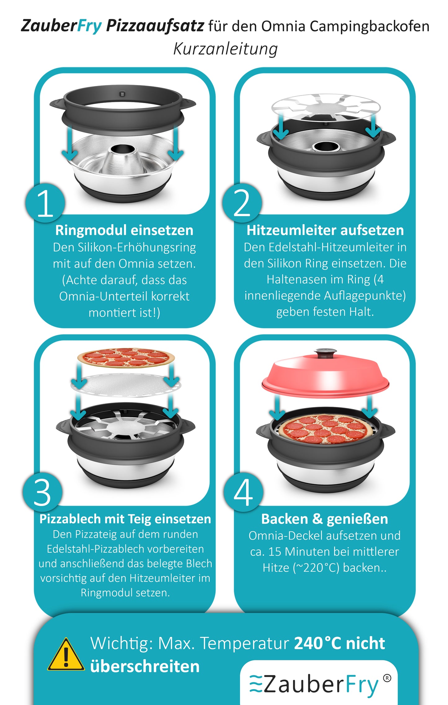 Aufgrund starker Nachfrage: Lieferung ab dem 20.06.2025 – jetzt vorbestellen! - ZauberFry Pizzaaufsatz kompatibel mit Omnia Camping Backofen – Vollflächiger Backeinsatz aus Edelstahl & Silikon – Lebensmittelecht – Kein Loch in der Mitte – Für Pizza