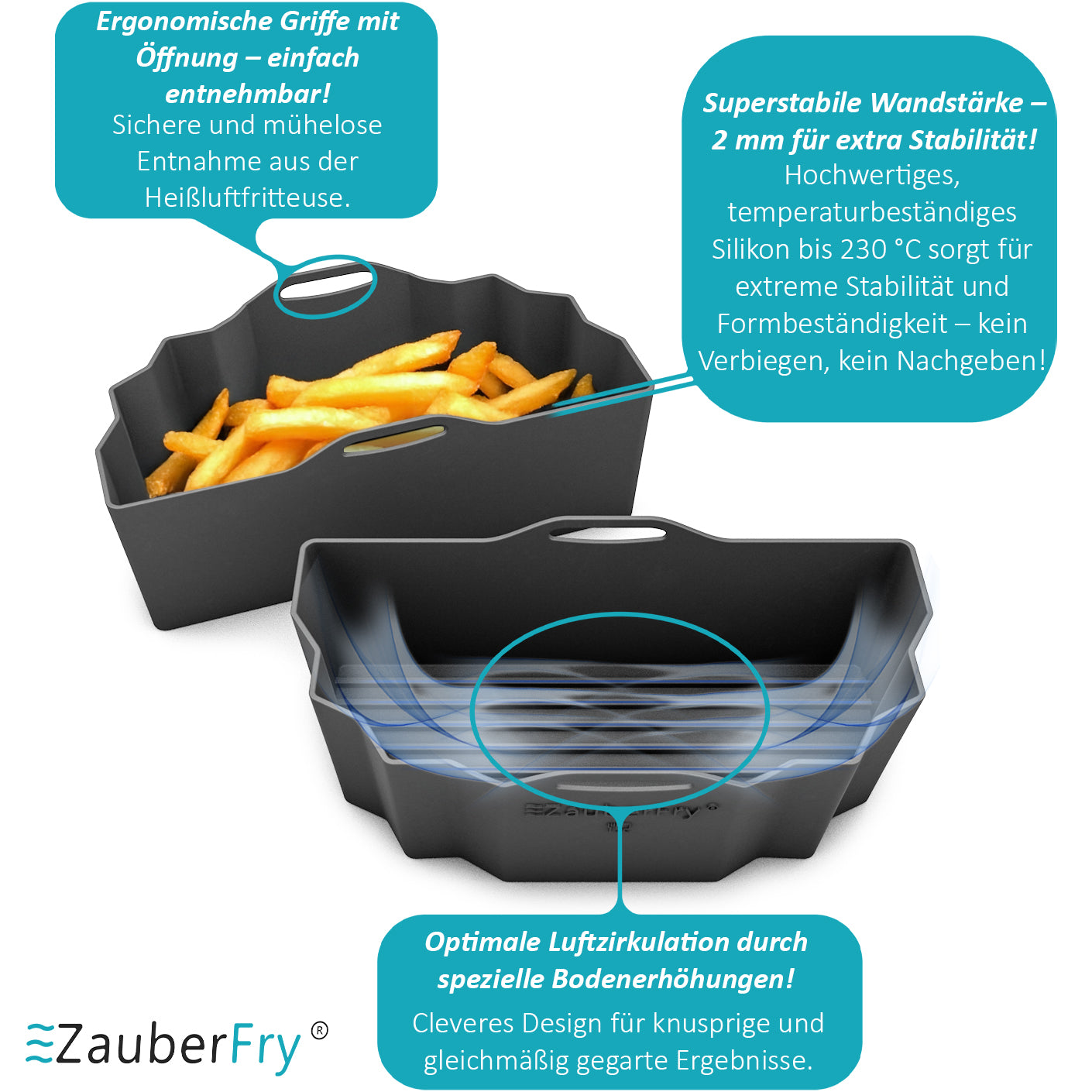 ZauberFry DUAL Silikonform für Heißluftfritteuse AirFryer kompatibel mit Philips, Cosori und viele mehr, Lebensmittelecht, Temperaturbeständig, anstelle Backpapier, Backform, Silikoneinsatz, Zubehör