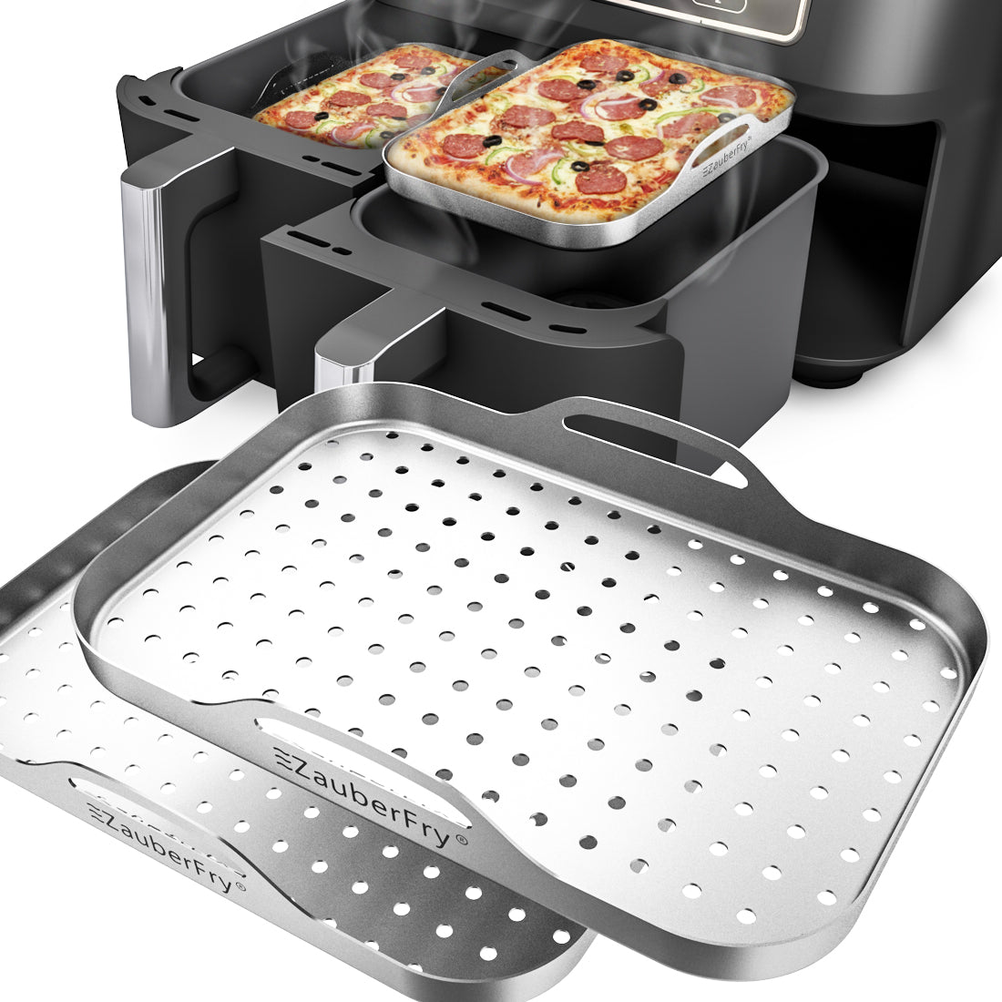 ZauberFry 2er-Set Edelstahl-Pizzaeinsätze (rechteckig, gelocht) – kompatibel mit Ninja Heißluftfritteusen AF300EU / AF400EU / AF500EU / SL400EU – Pizzaeinsatz, Zubehör