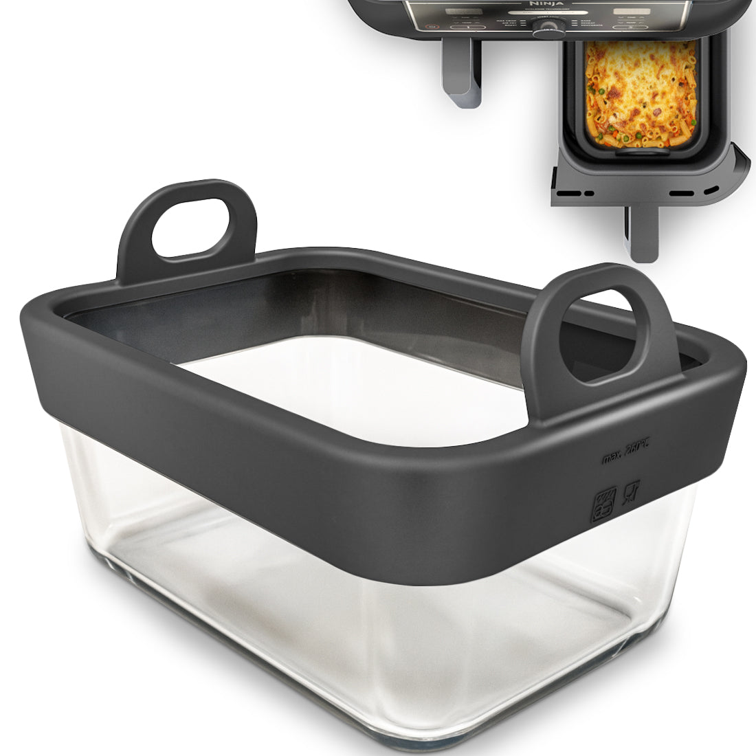 Glas Auflaufform für Airfryer mit Silikongriffen für Cosori, Ninja, Philips uvm