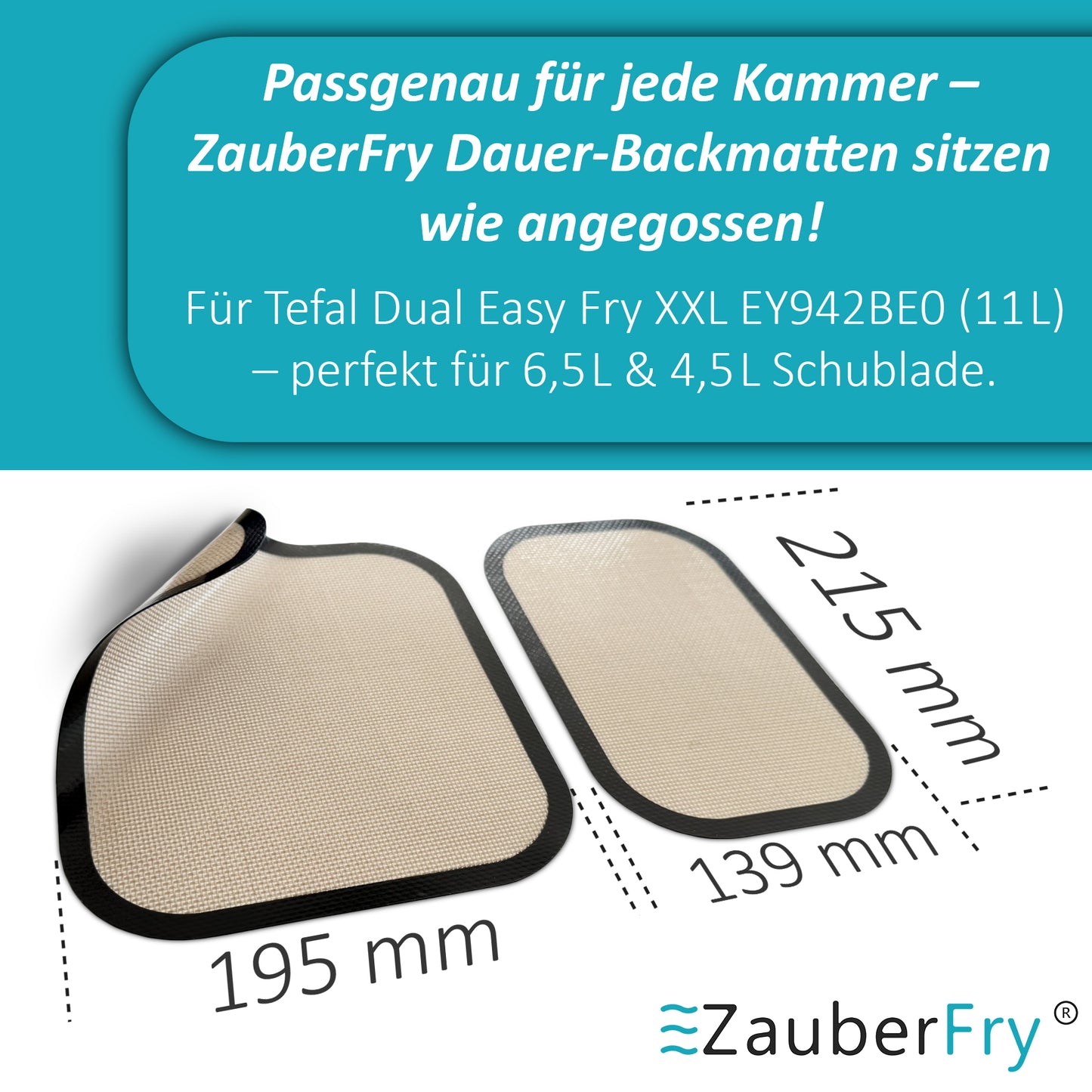 2 x ZauberFry Dauerbackmatte Silikon Backmatte kompatibel mit Tefal Dual Easy Fry XXL 11L Heißluftfritteuse EY9428 / EY942BE0 Antihaft, Silikonmatte, Lebensmittelecht und Hitzebeständig, Zubehör