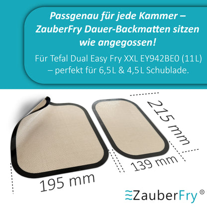 2 x ZauberFry Dauerbackmatte Silikon Backmatte kompatibel mit Tefal Dual Easy Fry XXL 11L Heißluftfritteuse EY9428 / EY942BE0 Antihaft, Silikonmatte, Lebensmittelecht und Hitzebeständig, Zubehör