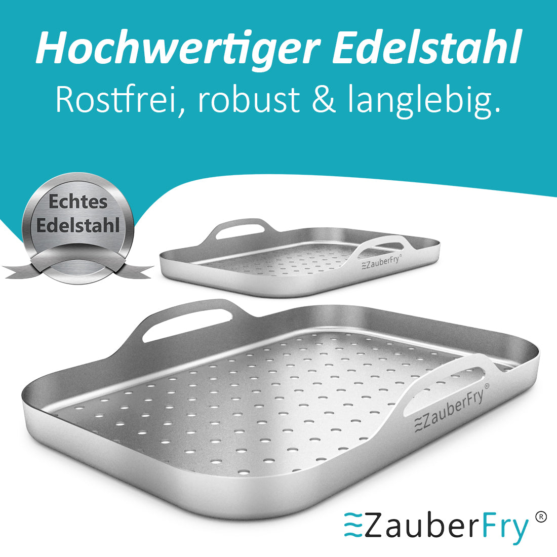 ZauberFry 2er-Set Edelstahl-Pizzaeinsätze (rechteckig, gelocht) – kompatibel mit Ninja Heißluftfritteusen AF300EU / AF400EU / AF500EU / SL400EU – Pizzaeinsatz, Zubehör
