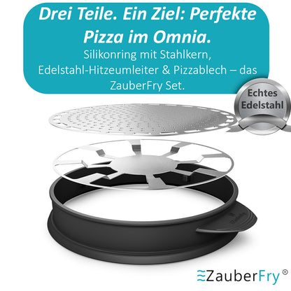 VORBESTELLUNG! AUFGRUND STARKER NACHFRAGE! VERSAND AM 03.10.2025 ZauberFry Pizzaaufsatz kompatibel mit Omnia Camping Backofen – Vollflächiger Backeinsatz aus Edelstahl & Silikon – Lebensmittelecht – Kein Loch in der Mitte – Für Pizza