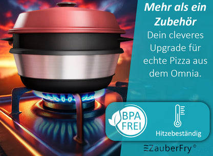 VORBESTELLUNG! AUFGRUND STARKER NACHFRAGE! VERSAND AM 03.10.2025 ZauberFry Pizzaaufsatz kompatibel mit Omnia Camping Backofen – Vollflächiger Backeinsatz aus Edelstahl & Silikon – Lebensmittelecht – Kein Loch in der Mitte – Für Pizza