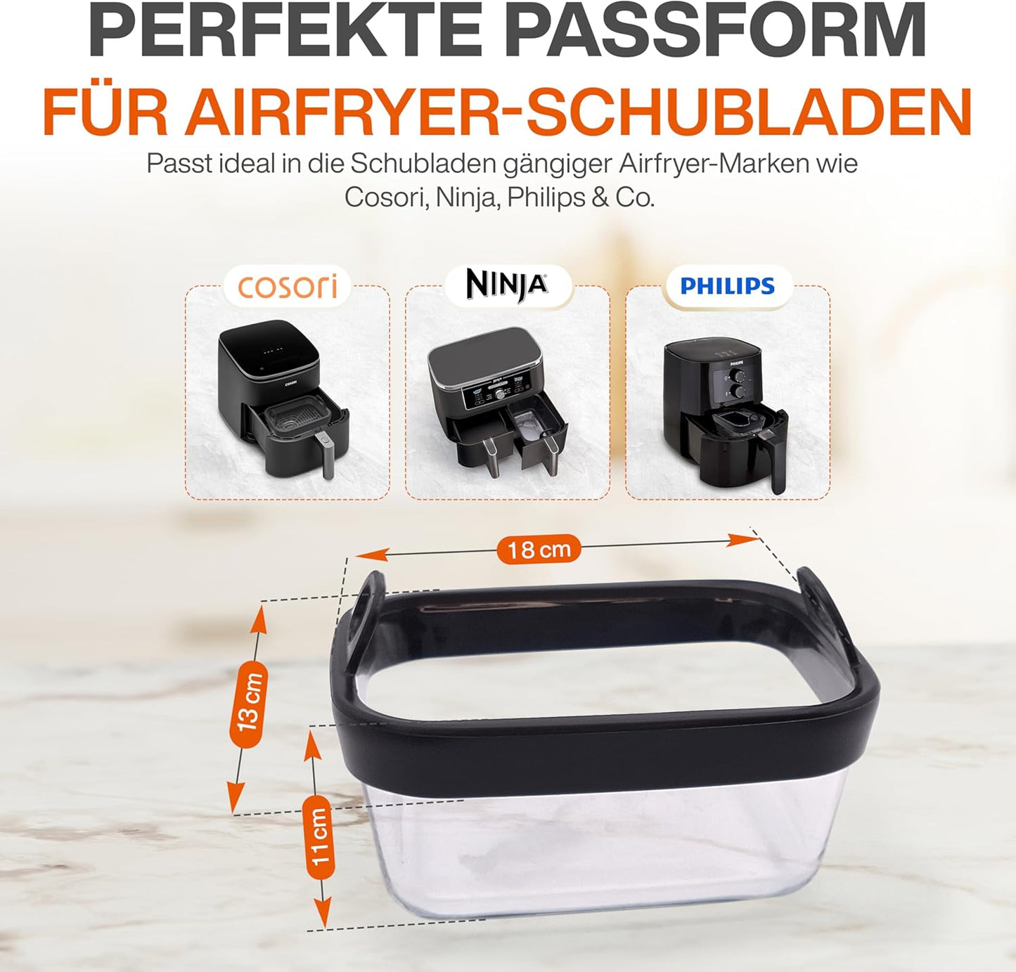 Glas Auflaufform für Airfryer mit Silikongriffen für Cosori, Ninja, Philips uvm