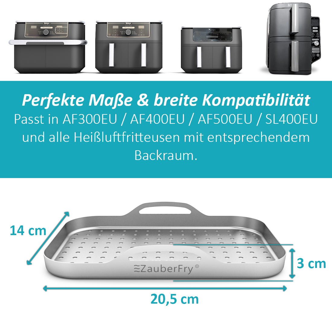 ZauberFry 2er-Set Edelstahl-Pizzaeinsätze (rechteckig, gelocht) – kompatibel mit Ninja Heißluftfritteusen AF300EU / AF400EU / AF500EU / SL400EU – Pizzaeinsatz, Zubehör