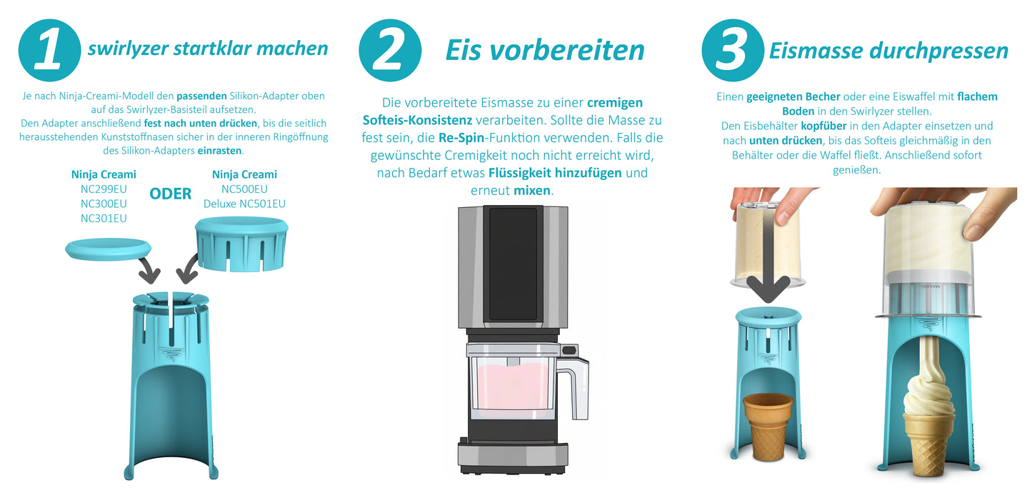JETZT LIEFERBAR  Swirlyzer® Softeis Maker für Ninja Creami NC299EU NC300EU NC301EU, NC500EU, Deluxe NC501EU | zum Patent angemeldete Innovation | Einfacher Softeis-Spender für Zuhause | BPA Frei | Zubehör
