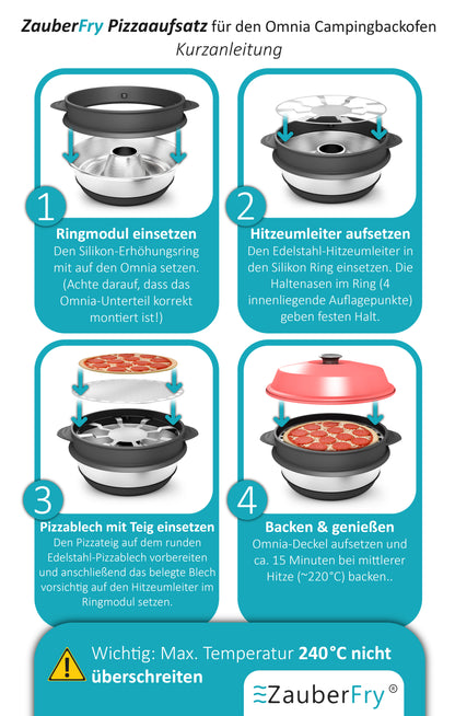 VORBESTELLUNG! AUFGRUND STARKER NACHFRAGE! VERSAND AM 03.10.2025 ZauberFry Pizzaaufsatz kompatibel mit Omnia Camping Backofen – Vollflächiger Backeinsatz aus Edelstahl & Silikon – Lebensmittelecht – Kein Loch in der Mitte – Für Pizza