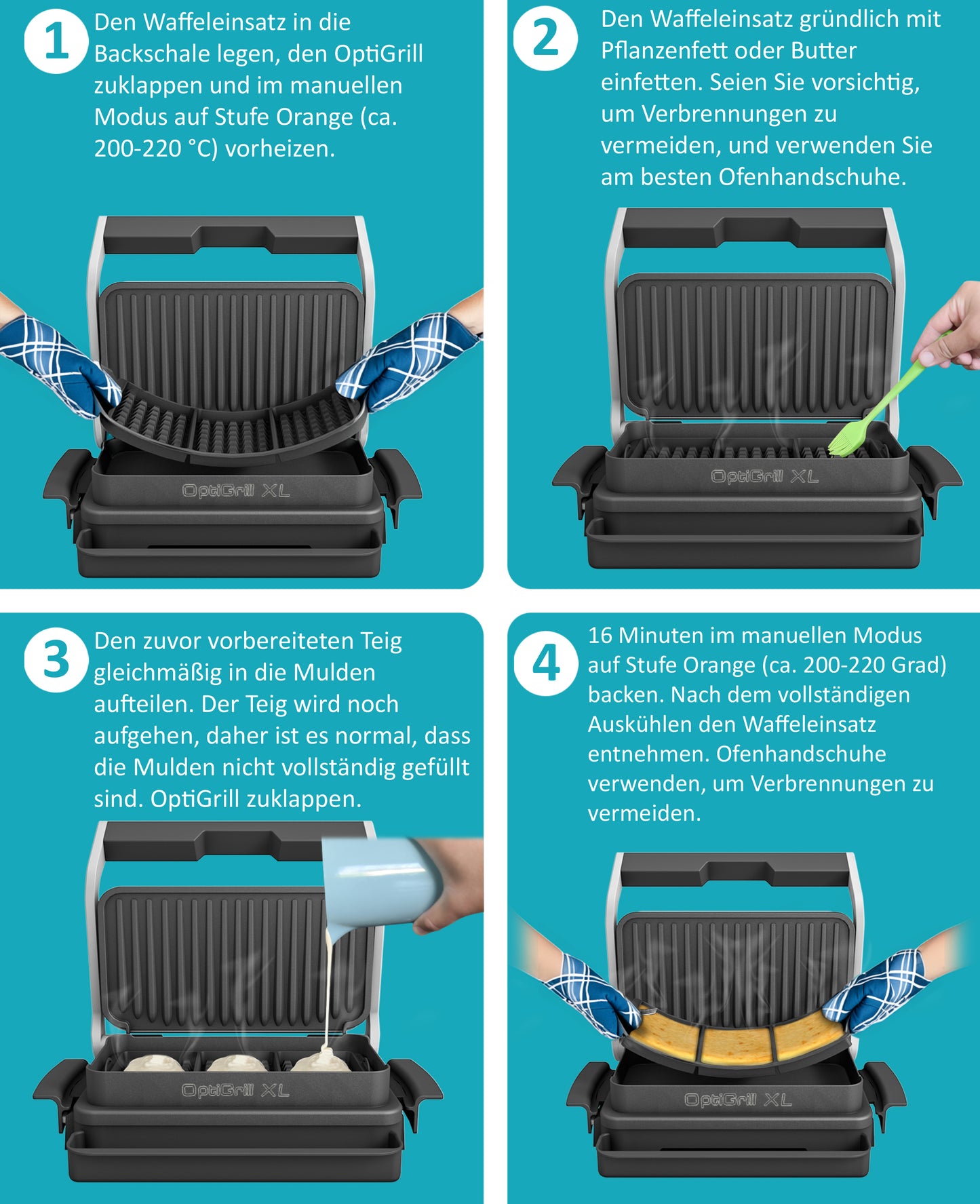 ZauberFry Waffeleinsatz kompatibel mit Tefal OptiGrill XL, Elite XL, Plus + XL, Elite Plus XL, Backschaleneinsatz aus Silikon, Belgische Waffeln, Zubehör