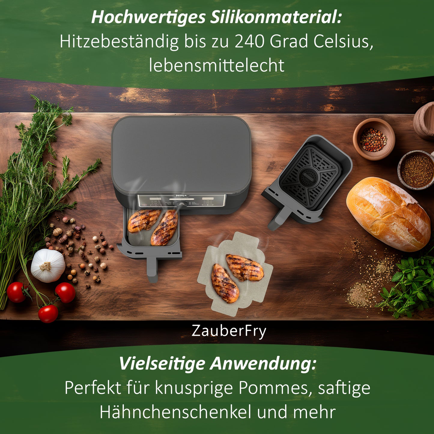 2x ZauberFry Tapis de Cuisson permanent en silicone compatible avec Ninja Foodi AF400EU, AF451EU, AF500DE, antiadhésif, tapis en silicone, adapté aux aliments et résistant à la chaleur, accessoires pour AirFryer 