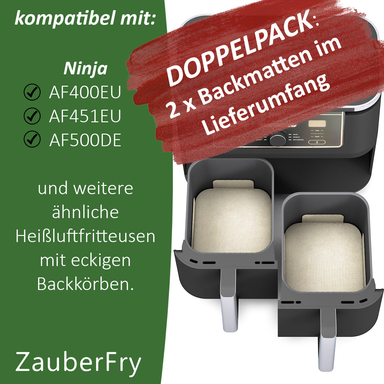 2x ZauberFry Tapis de Cuisson permanent en silicone compatible avec Ninja Foodi AF400EU, AF451EU, AF500DE, antiadhésif, tapis en silicone, adapté aux aliments et résistant à la chaleur, accessoires pour AirFryer 