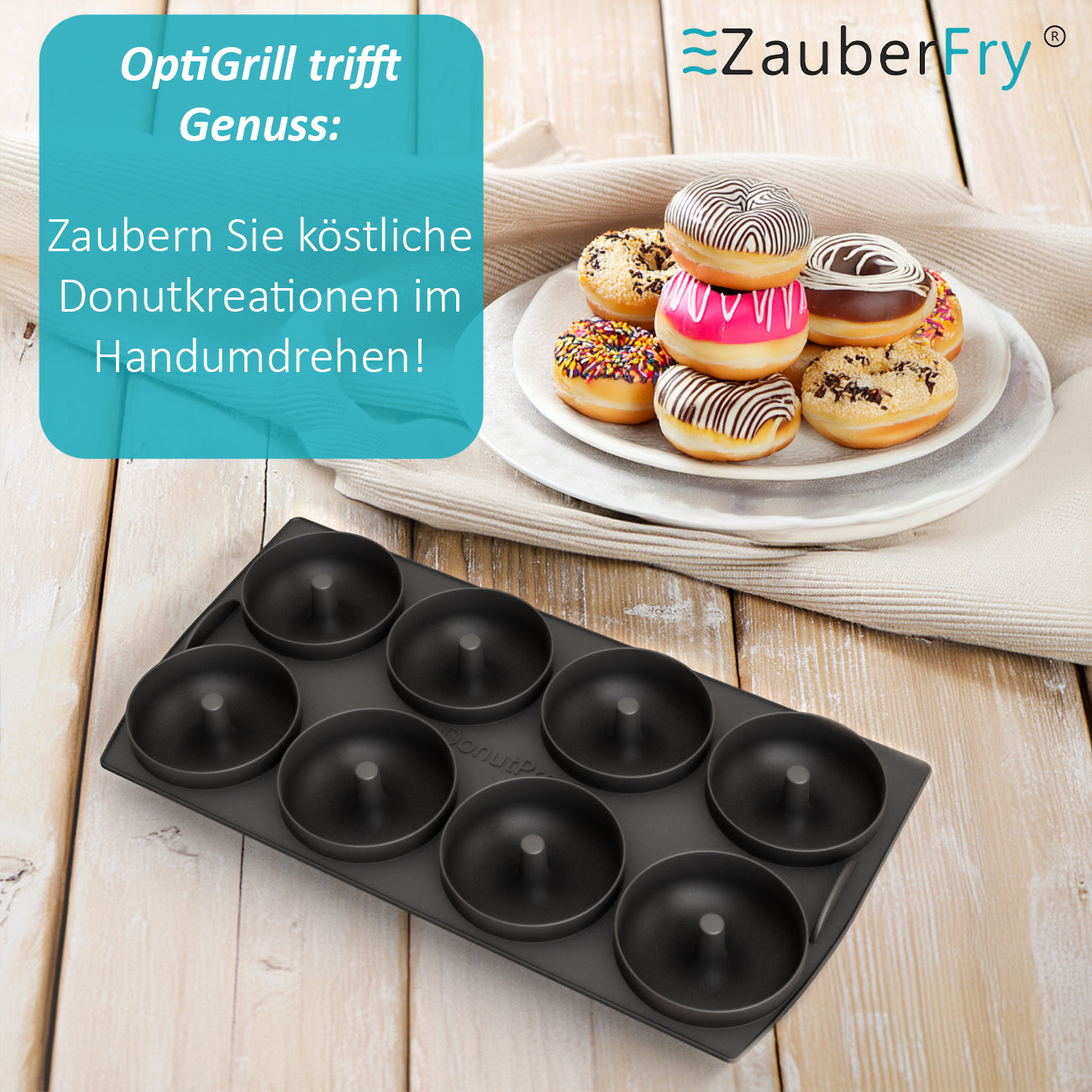 ZauberFry Donuteinsatz kompatibel mit Tefal OptiGrill XL, Elite XL, Plus + XL, Elite Plus XL, Backschaleneinsatz aus Silikon, 8 Donuts, Zubehör (Donuteinsatz, Für OptiGrill XL)