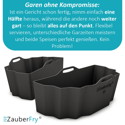 ZauberFry DUAL Silikonform für Heißluftfritteuse AirFryer kompatibel mit Philips, Cosori und viele mehr, Lebensmittelecht, Temperaturbeständig, anstelle Backpapier, Backform, Silikoneinsatz, Zubehör