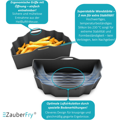 ZauberFry DUAL Silikonform für Heißluftfritteuse AirFryer kompatibel mit Philips, Cosori und viele mehr, Lebensmittelecht, Temperaturbeständig, anstelle Backpapier, Backform, Silikoneinsatz, Zubehör