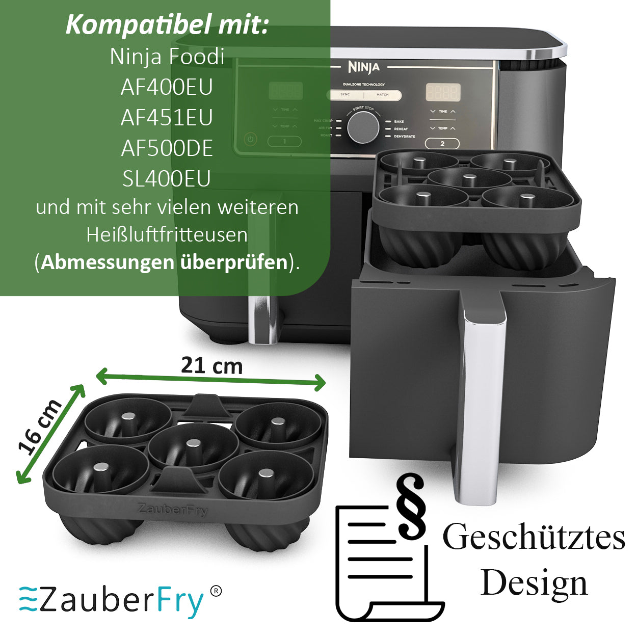 2 x ZauberFry Mini Gugelhupf Backform, kompatibel mit Ninja AF400EU, AF451EU, AF500DE und SL400EU Heißluftfritteuse, Zubehör, Kuchen, Muffins, Brownies Backen