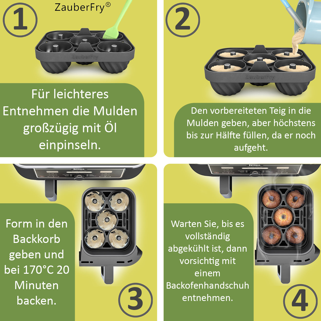 2 x ZauberFry Mini Gugelhupf Backform, kompatibel mit Ninja AF400EU, AF451EU, AF500DE und SL400EU Heißluftfritteuse, Zubehör, Kuchen, Muffins, Brownies Backen