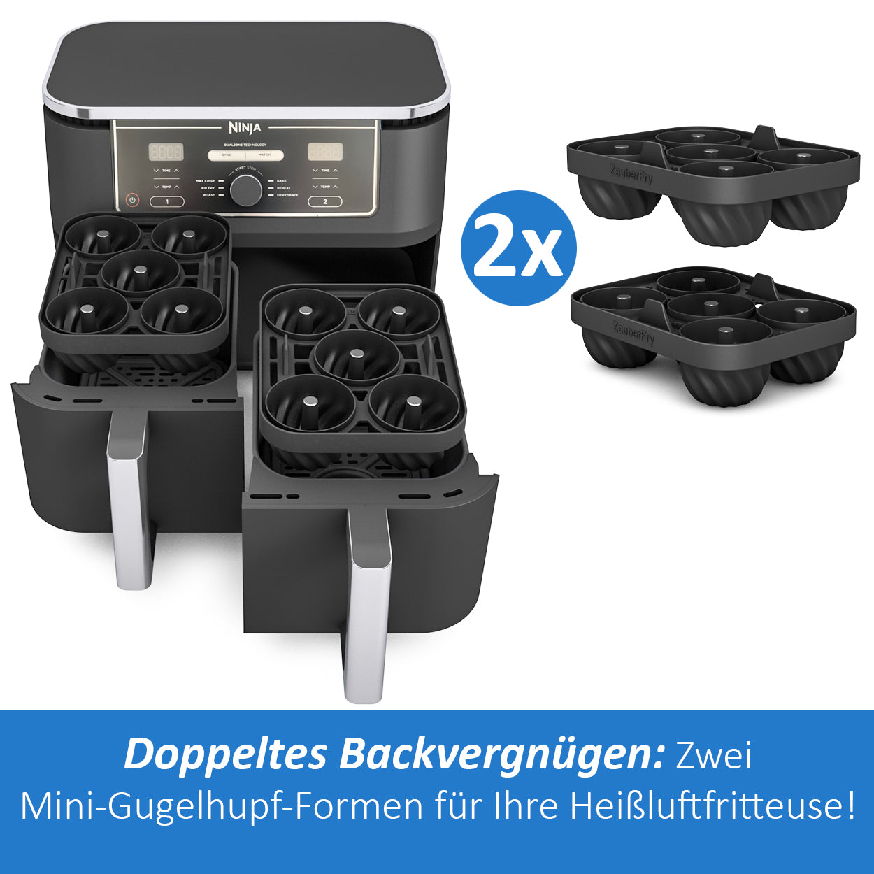 2 x ZauberFry Mini Gugelhupf Backform, kompatibel mit Ninja AF400EU, AF451EU, AF500DE und SL400EU Heißluftfritteuse, Zubehör, Kuchen, Muffins, Brownies Backen
