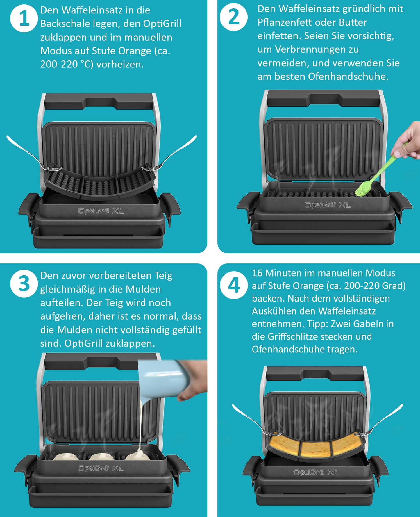 Waffeleinsatz kompatibel mit Tefal OptiGrill XL, 4in1 XL, 2in1 XL, Elite XL, Plus + XL, Elite Plus XL, Backschaleneinsatz aus Silikon, Belgische Waffeln, Waffel, Zubehör