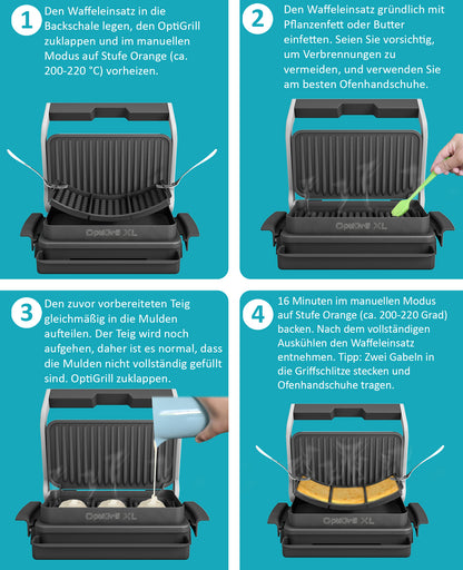 Waffeleinsatz kompatibel mit Tefal OptiGrill XL, 4in1 XL, 2in1 XL, Elite XL, Plus + XL, Elite Plus XL, Backschaleneinsatz aus Silikon, Belgische Waffeln, Waffel, Zubehör