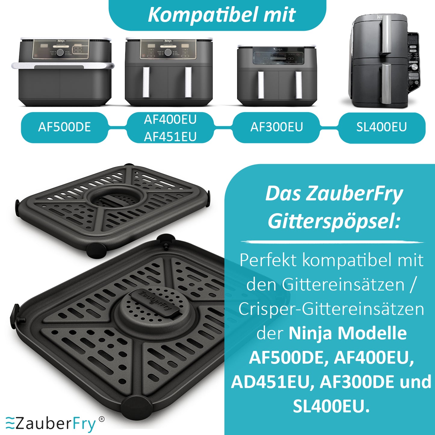 2 x Bouchons de grille ZauberFry compatibles avec les friteuses à air chaud Ninja AF300EU, AF400EU, AF451EU, AF500DE et SL400EU, plus de nourriture qui tombe, accessoires, qualité alimentaire, sans BPA, résistant à la température